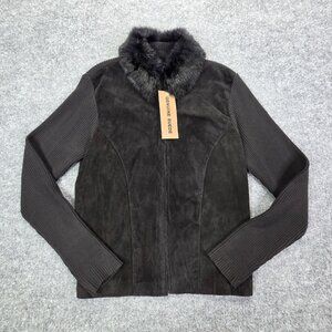 NEW Y2k 90s Jacket Full Zip Rabbit Fur Collar Black Sweater Suede Knit Womens L
